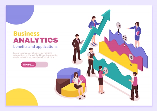 business analyst landing page with benefits and applications symbols isometric isolated