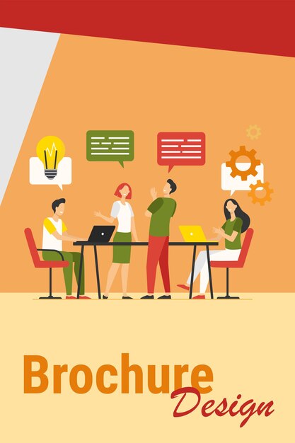 Business team planning working process flat vector illustration. Cartoon colleagues talking, sharing thoughts and smiling in company office. Teamwork and workflow concept