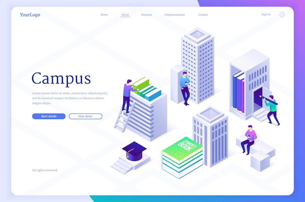 Campus isometric landing page. Education in university or college, knowledges concept. Students with books and gadgets at educational institution buildings studying, learn classes 3d vector web banner