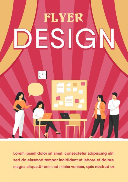 Colleagues working together on project flat illustration. Flyer template