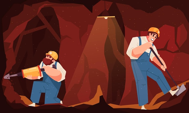 colored flat mining composition two diggers dig different ways in the same mine vector illustration