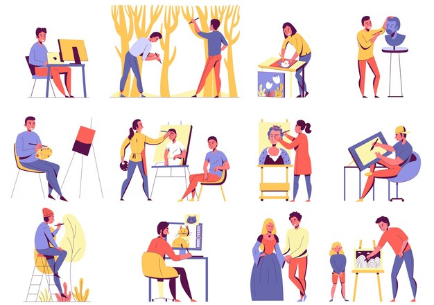 Colorful flat icons set with various creative professions such as artist actor sculptor designer isolated on white background vector illustration