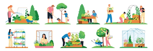 community garden flat set of people decorating city parks and houses with plants and flowers isolated vector illustration