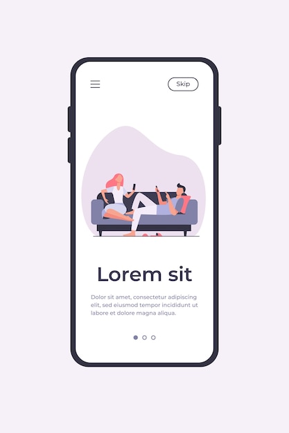 Couple sitting on sofa and using smartphones. Relaxing, couch, family flat vector illustration. Digital technology and lifestyle concept for banner, website design or landing web page
