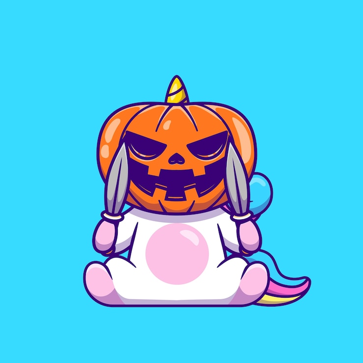 Ilmainen Vektori cute unicorn wearing halloween pumpkin mask