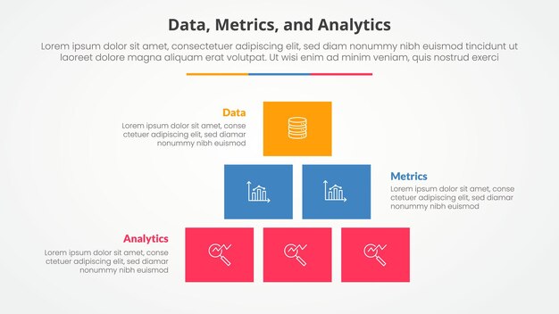 Data metrics and analytics infographic concept for slide presentation with box rectangle pyramid structure with 3 point list with flat style
