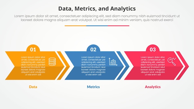 Data metrics and analytics infographic concept for slide presentation with creative arrow horizontal block shape with 3 point list with flat style