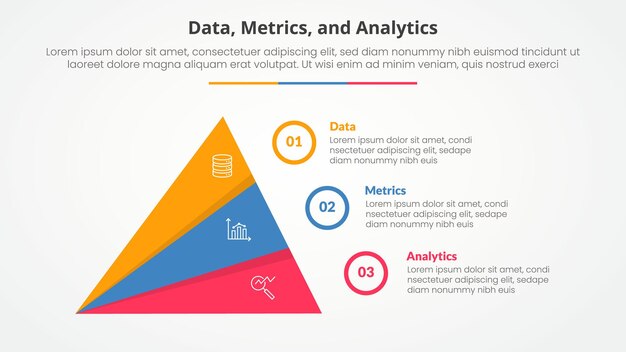 Data metrics and analytics infographic concept for slide presentation with creative slice triangle pyramid with 3 point list with flat style
