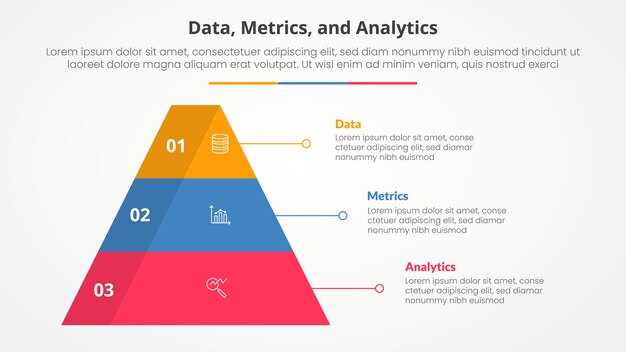 Data metrics and analytics infographic concept for slide presentation with pyramid shape with 3d shadow badge with 3 point list with flat style