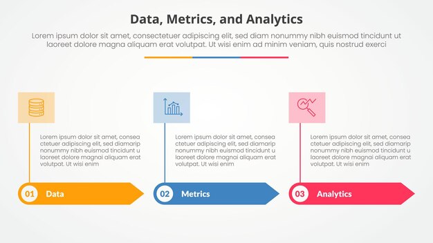 Data metrics and analytics infographic concept for slide presentation with rectangle arrow and banner on header top with 3 point list with flat style