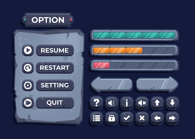 Design for Complete set of score button game pop-up, icon, window and elements for creating medieval RPG video games