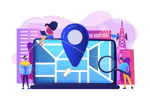 digital gps application for smartphones. geotag sign on city map. local search optimization, search engine targeting, local seo strategy concept.  