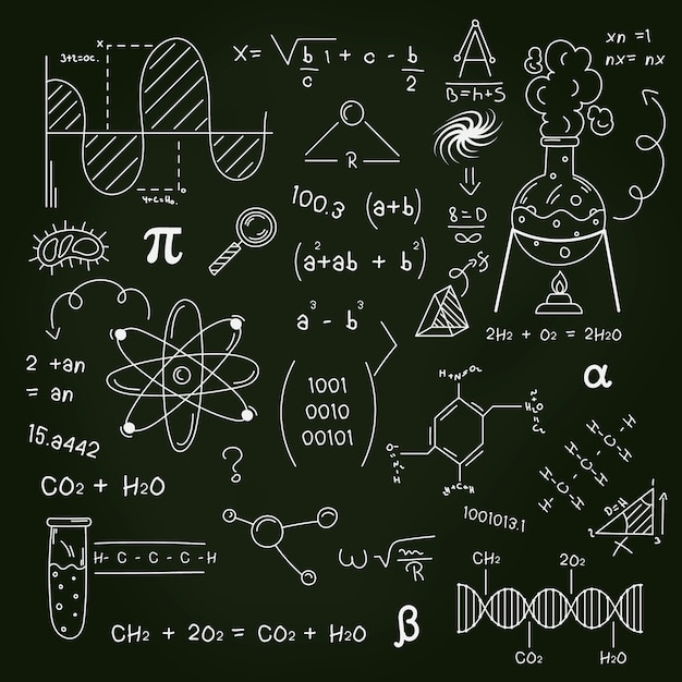 Drawn scientific formulas on chalkboard