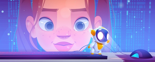 Girl face on computer desktop with digital data or pixels front of desk with keyboard mouse and little robot game characters hightech technologies development concept Cartoon vector illustration