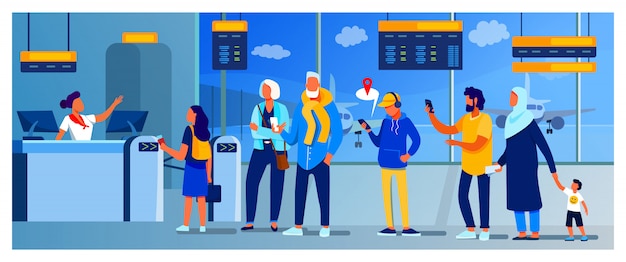 Group of passengers standing in queue to counter