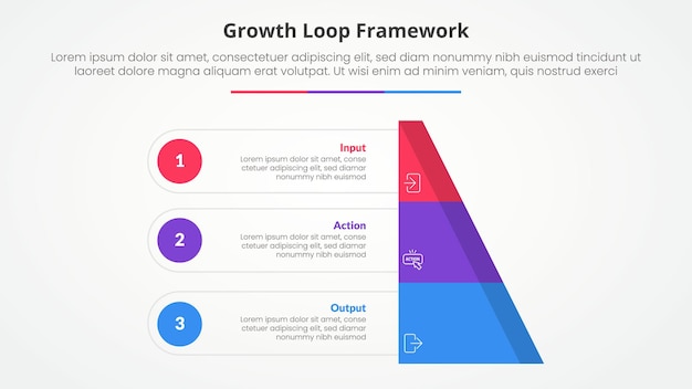 Growth loop framework infographic concept for slide presentation with half slice pyramid with circle point with 3 point list with flat style