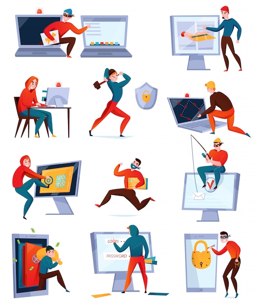 Hacker icon set with different types of hackers stealing information breaking computer system 