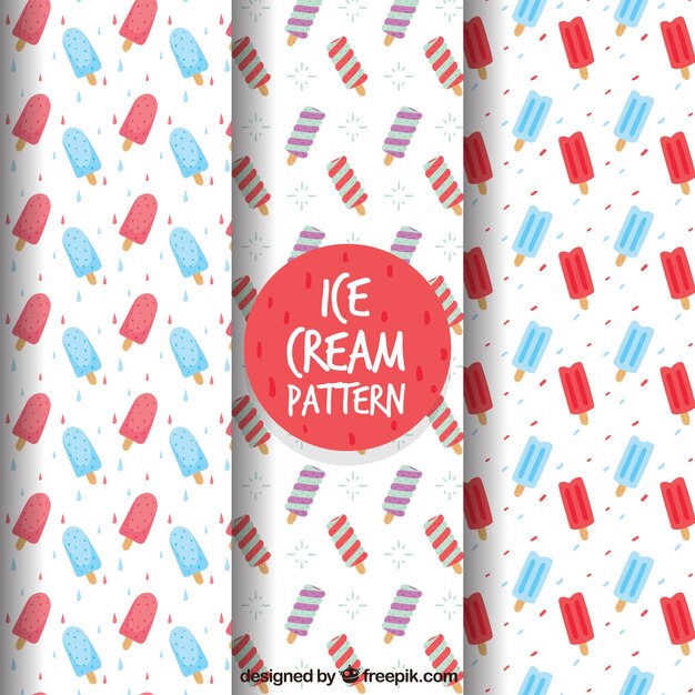 Hand-drawn selection of three ice cream patterns