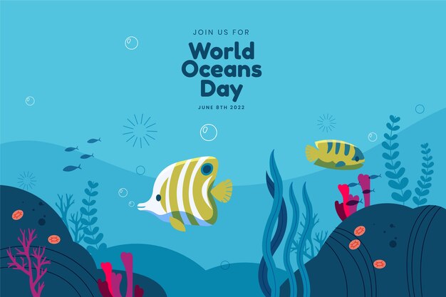 Hand drawn world oceans day background with fish