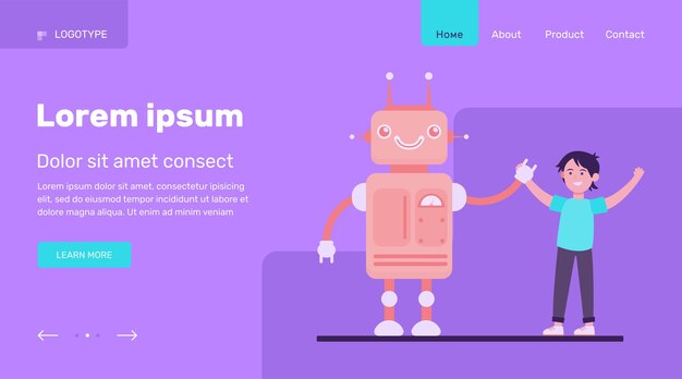 happy boy rising hands with robot. engineering, future, knowledge flat vector illustration. technology and robotic industry concept website design or landing web page