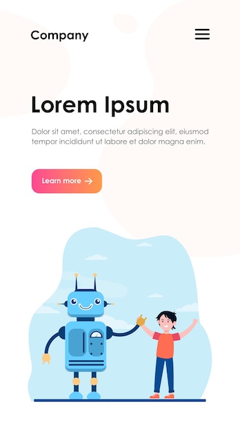 happy boy rising hands with robot. engineering, future, knowledge web template