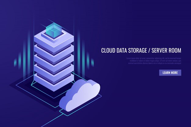 Hosting concept with cloud data storage and server room. Server rack with cloud.