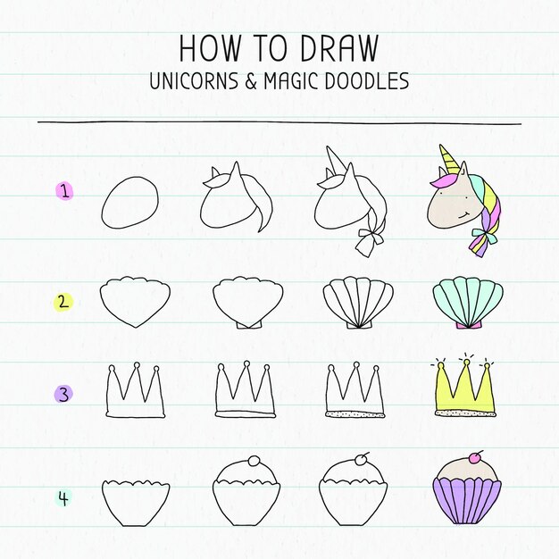 how to draw unicorn and magic doodles tutorial