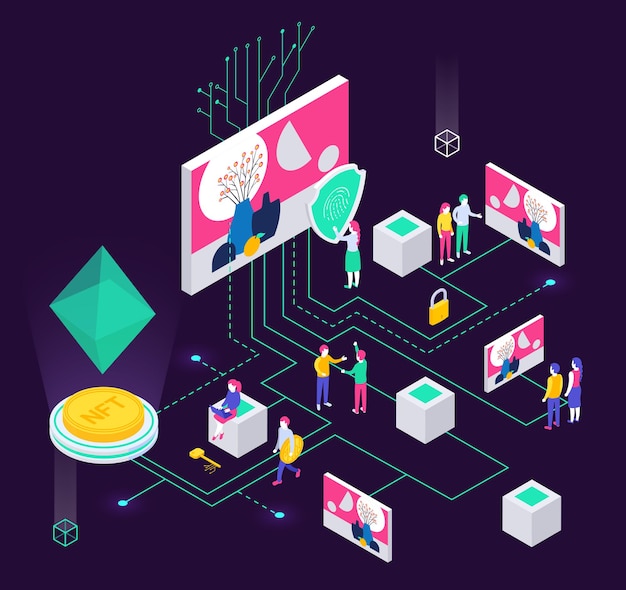 Isometric composition with human characters and holographic objects connected with lines illustration