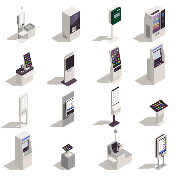 isometric icons set with interfaces of information board self checkout atm food kiosk isolated on white background 3d vector illustration