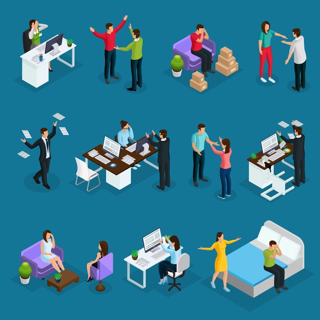 Isometric people and stress set with different stressful situations at work in family and psychologist visiting isolated 