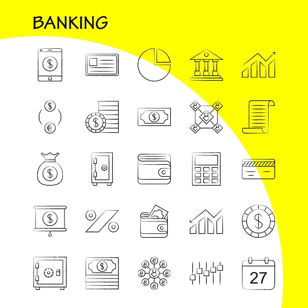Käsin piirretty Banking-ikoni verkko-, tulostus- ja mobiili UXUI -pakettiin, kuten laskin, laite, operaatio, käyttäjä, käyttäjät, ryhmä, kuvamerkkipaketti, vektori