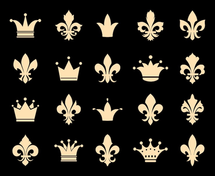 Ilmainen Vektori kruunu- ja liljakuvakkeet. symbolitunnus, kuninkaallinen antiikki heraldisuus, vektorikuva