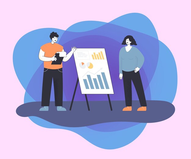 man and woman preparing business presentation