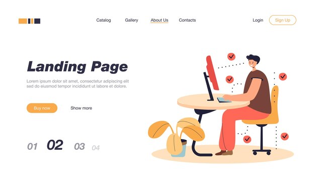 man showing correct position for sitting at desk landing page template