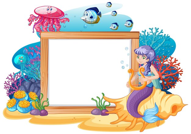Mermaid and sea animal theme with blank banner cartoon style on white background
