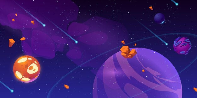 Meteors and rocky asteroids flying in outer space