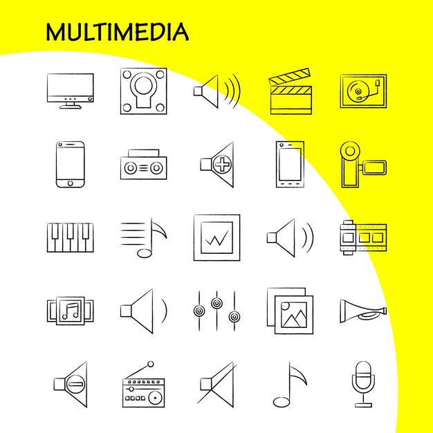 multimedia hand drawn icon for web print and mobile uxui kit such as mobile phone smartphone call camera file photo slide pictogram pack vector