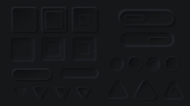Neumorphic black buttons for ui app. Vector 3d design elements for user interface, blank circle, triangle and square soft icons, web forms and sliders for dark website or application interface
