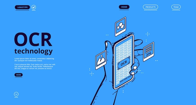 OCR technology banner. Optical character recognition service for scan and digitalisation information from paper document, image and handwritten text. Vector landing page with isometric smartphone