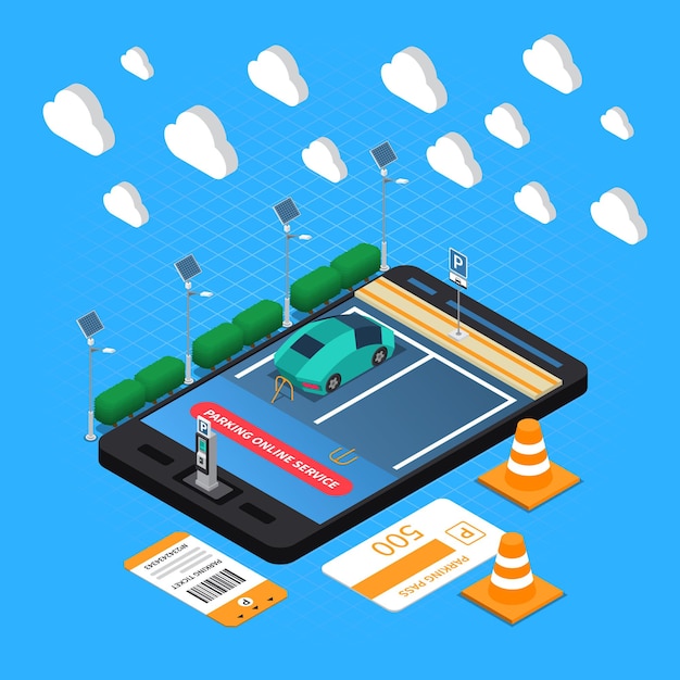 Parking lot with online finding paying reservation service isometric composition with ticket pass recharging point