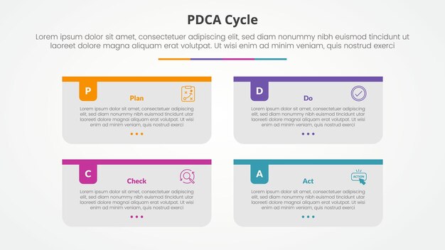 PDCA plan do check act framework infographic concept for slide presentation with long rectangle box container with colorful badge header with 4 point list with flat style