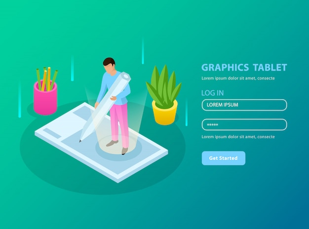 People and interfaces isometric composition with registration form and graphic tablet description illustration