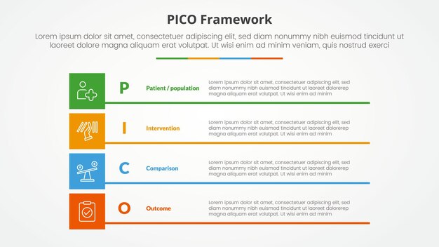 PICO framework infographic concept for slide presentation with boxed creative rectangle stack with 4 point list with flat style