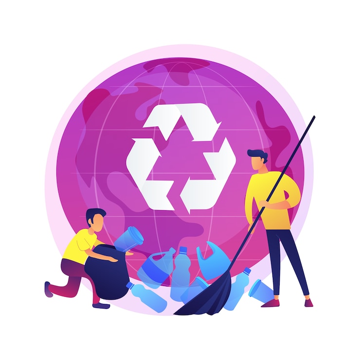 Ilmainen Vektori plastic trash sorting. recycling and reusing idea. man gathering plastic bottles. rubbish container, garbage segregation, ecology protection.