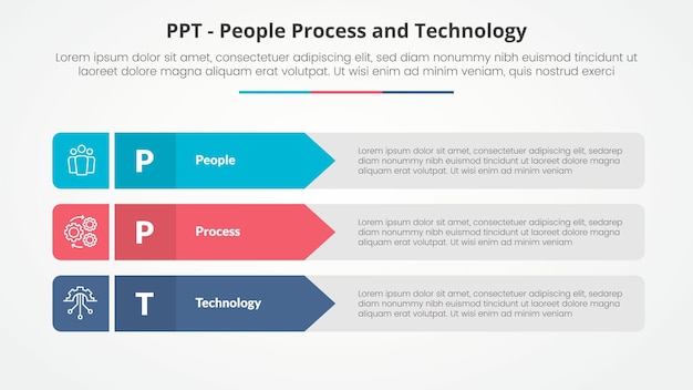 PPT framework infographic concept for slide presentation with rectangle arrow stack with 3 point list with flat style