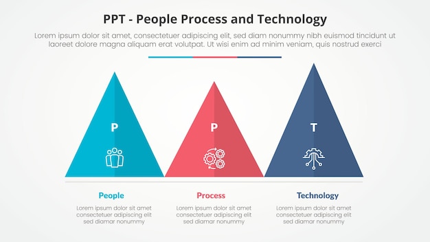 PPT framework infographic concept for slide presentation with triangle pyramid shape horizontal with 3 point list with flat style