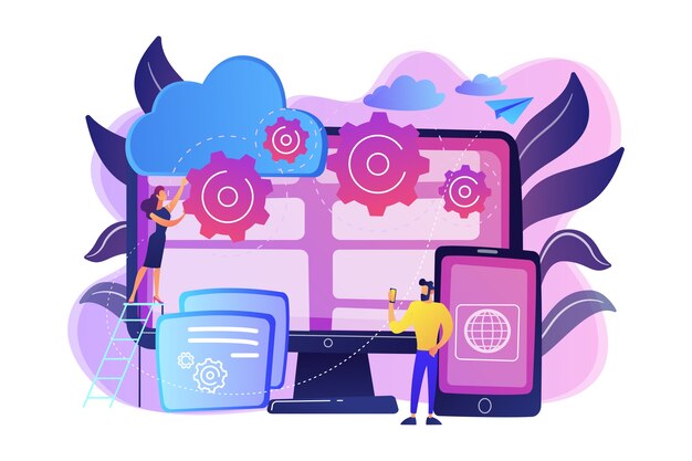 Programmers develop program for platforms. Cross-platform programming, cross-platform development and structure concept on white background. Bright vibrant violet  isolated illustration