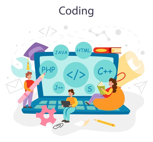 Programming concept IT education student writing a software and coding application Java script for IT project Digital technology development for website interface Vector illustration