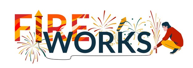 Pyrotechnics fireworks launch flat text composition man sets fire to napalm that sets letters on fire vector illustration