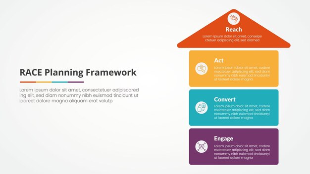 RACE framework infographic concept for slide presentation with arrow top direction and box stack structure with 4 point list with flat style